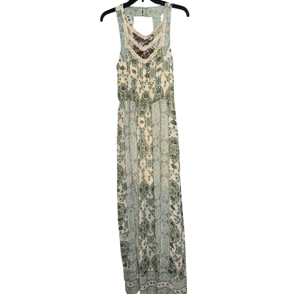FREE PEOPLE Lace Sleeveless Maxi‎ Dress Slits Keyhole Back Boho Flowy Floral 4